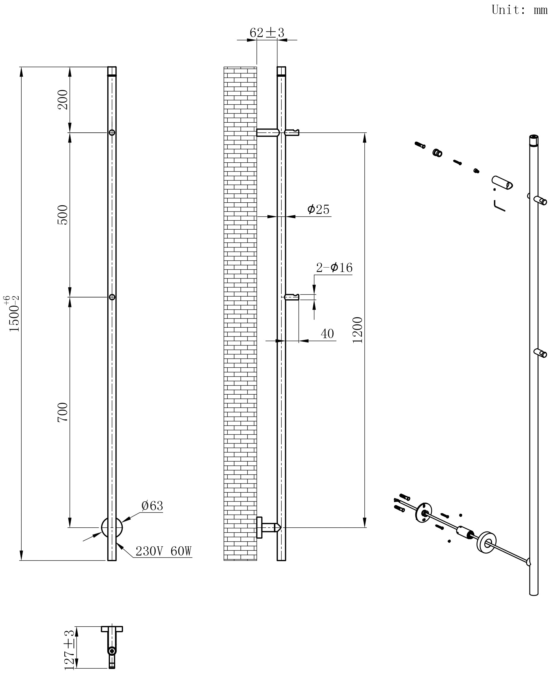 Callista elektrische staafhanddoekradiator 60 Watt 150 cm mat zwart