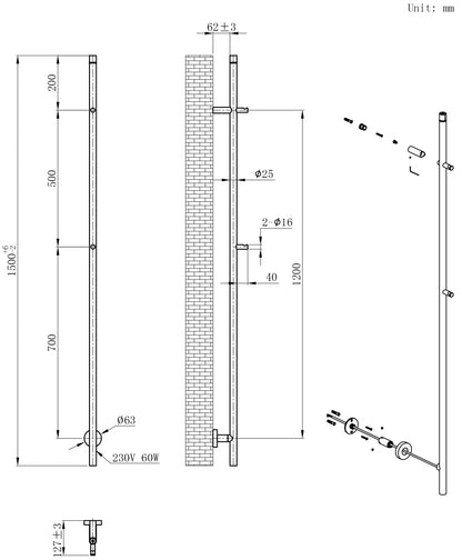 Callista elektrische staafhanddoekradiator 60 Watt 150 cm mat zwart