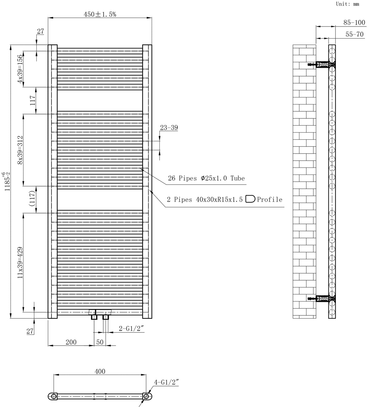Wiesbaden Elara sierradiator 118,5 x 45,0 cm antraciet, maattekening