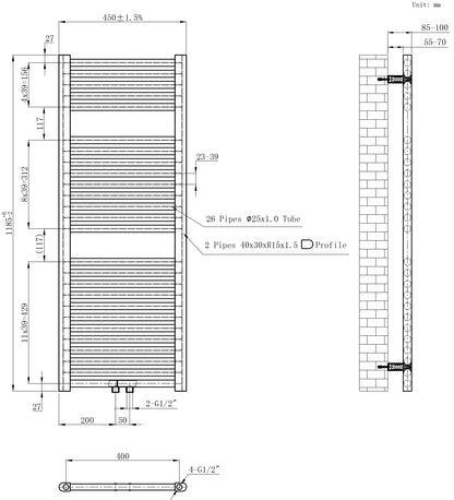 Wiesbaden Elara sierradiator 118,5 x 45,0 cm antraciet, maattekening