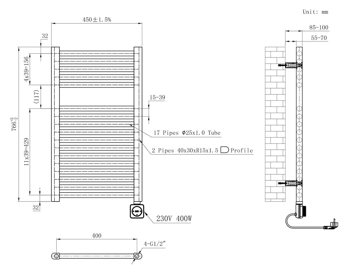 Wiesbaden elara elektrische radiator Smart WiFi 76,6 x 45 cm glans wit, maattekening