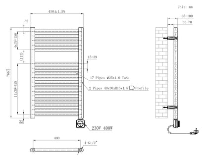 Wiesbaden elara elektrische radiator Smart WiFi 76,6 x 45 cm glans wit, maattekening