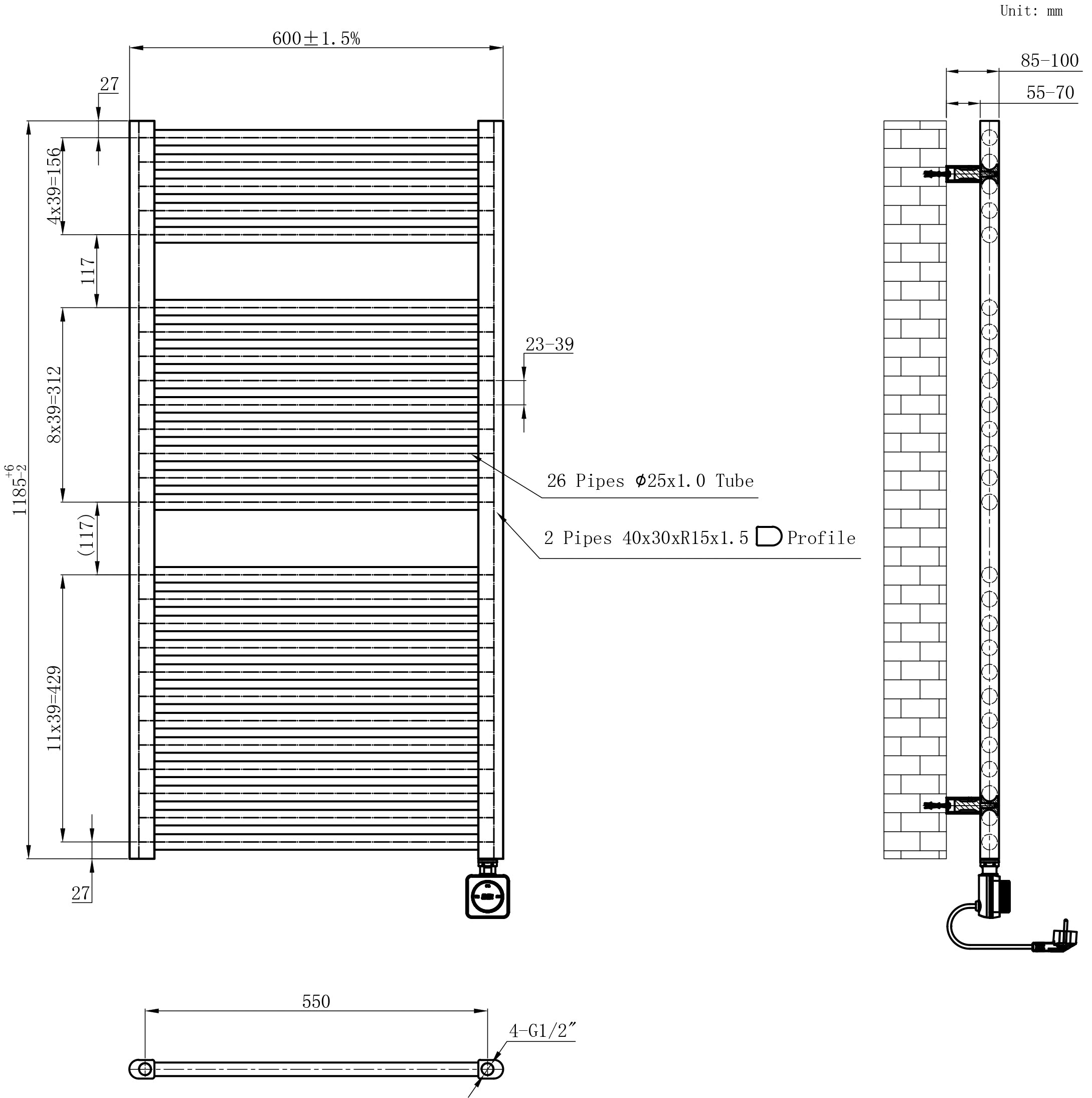 Elara elektrische radiator Smart WiFi 118,5 x 60 cm mat zwart