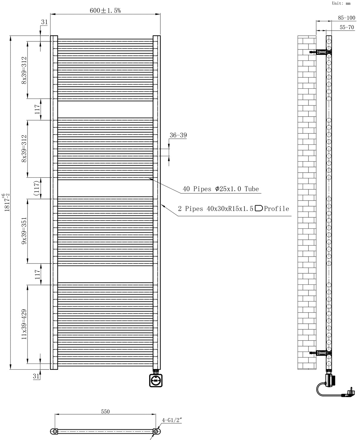 Wiesbaden elara elektrische radiator Smart WiFi 181,7 x 60 cm glans wit, maattekening