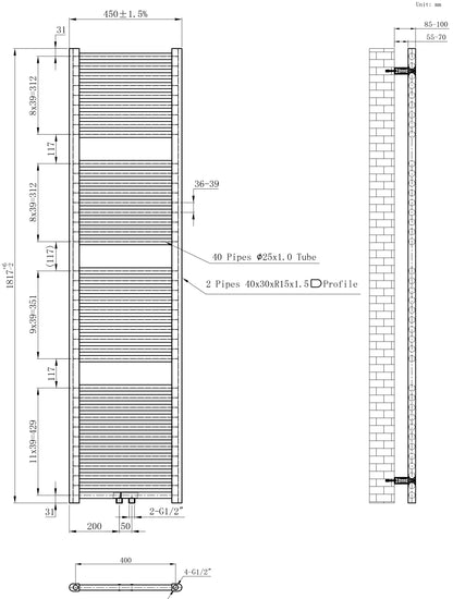 Wiesbaden Elara sierradiator 181,7 x 45,0 cm mat zwart, maattekening