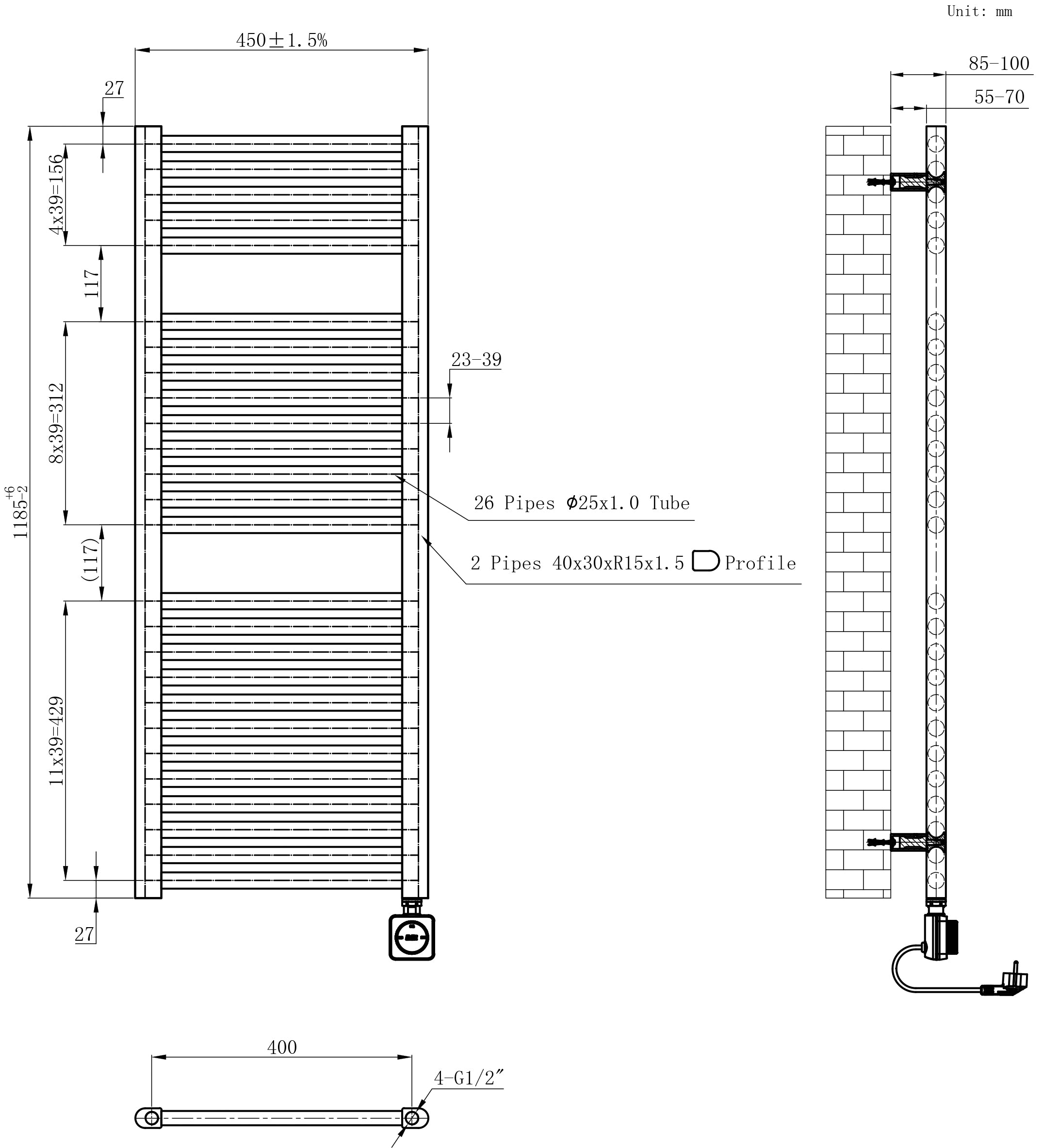Elara elektrische radiator Smart WiFi 118,5 x 45 cm mat zwart