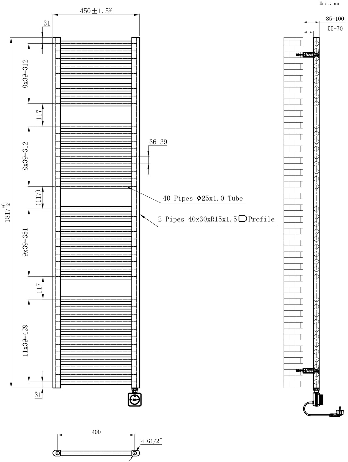 Wiesbaden elara elektrische radiator Smart WiFi 181,7 x 45 cm glans wit, maattekening