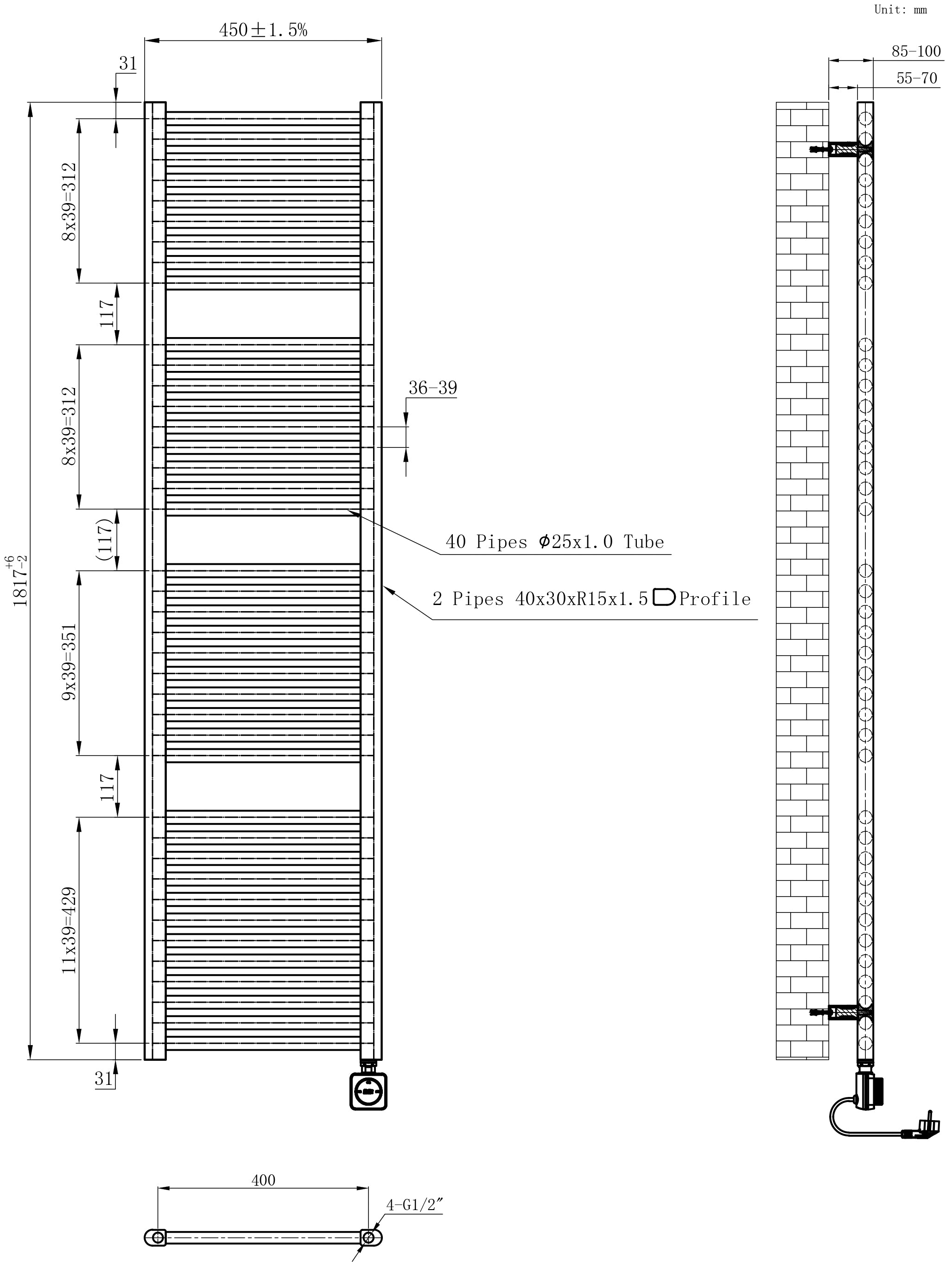 Elara elektrische radiator Smart WiFi 181,7 x 45 cm mat zwart