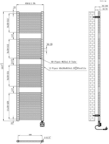 Wiesbaden elara elektrische radiator Smart WiFi 181,7 x 45 cm geborsteld messing PVD, maattekening