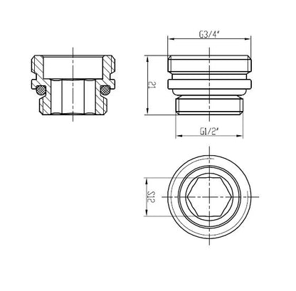 adaptor 3/4 x1/2 midden-onder aansl. chroom