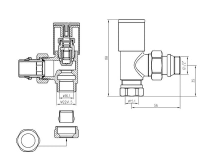 luxe radiatorventiel 1/2''x15 (M22) knel haaks chroom