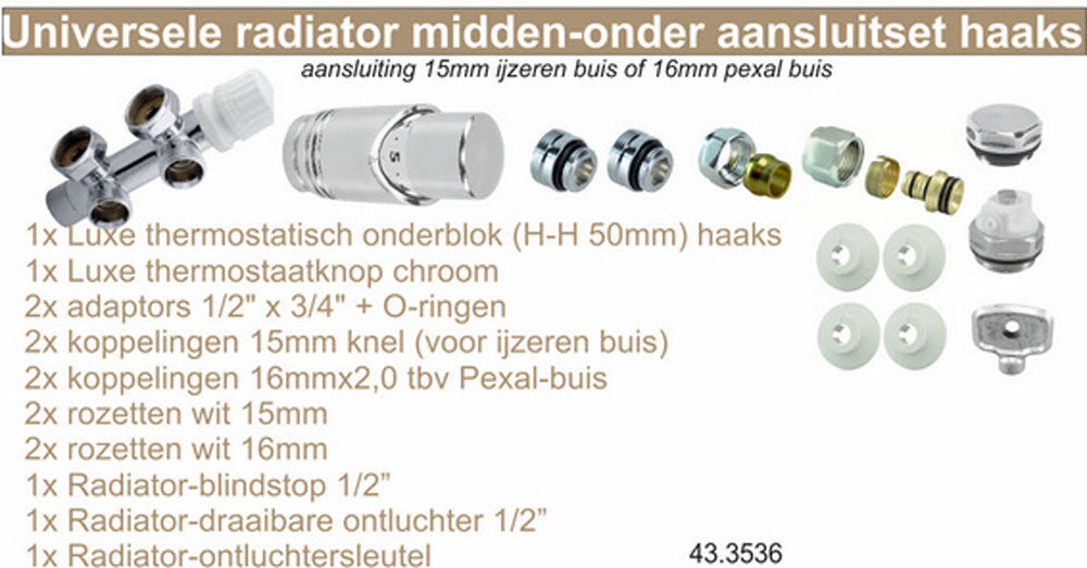 set onderblok compl. haaks (links) 16x2,0 +15 knel chroom