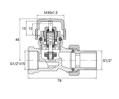 Riko thermostatische radiatorventiel 1/2''x15mm recht mat-zwart, maattekening