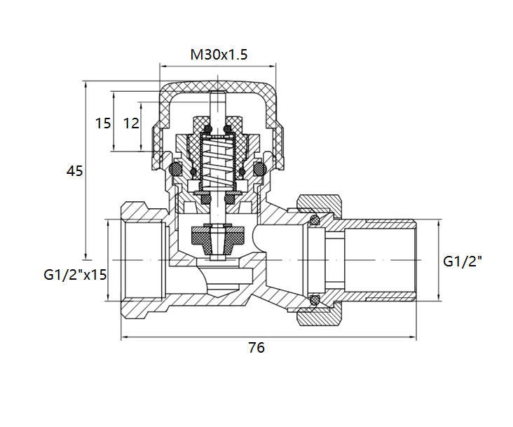 Riko thermostatische radiatorventiel 1/2''x15mm recht mat-zwart, maattekening