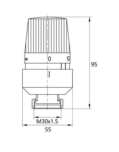 Riko thermostatische radiatorventiel 1/2''x15mm recht mat-zwart, maattekening
