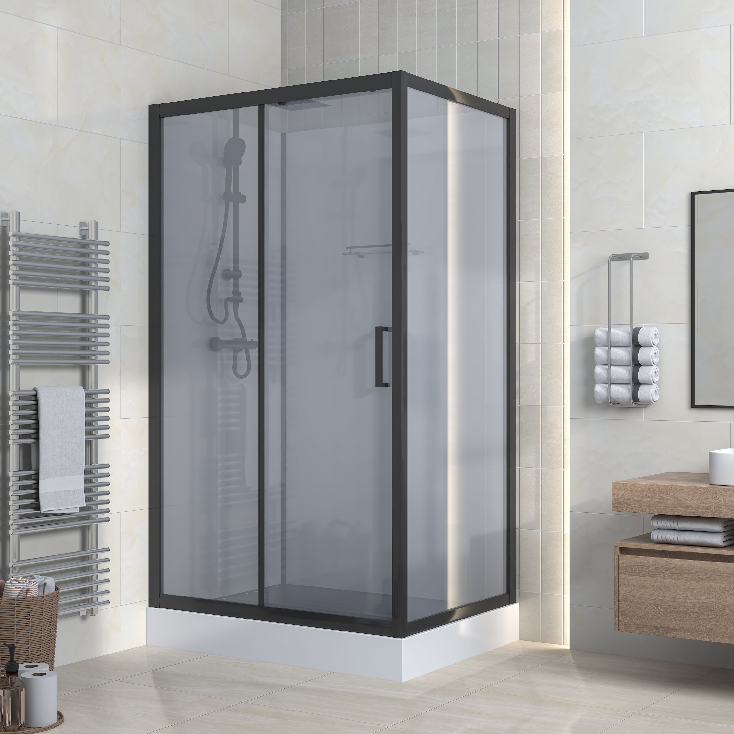 Marani complete douchecabine met schuifdeur - omkeerbaar - 120x225x90 cm - mat zwart- grijs rookglas