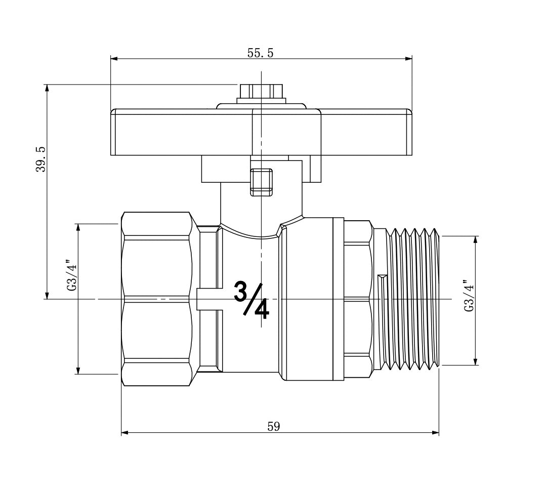 Kogelstopkraan met vlindergreep draad 3/4"F x 3/4"M