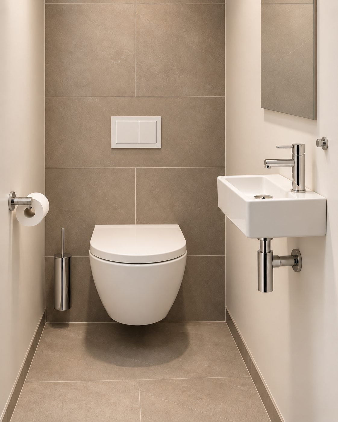 Complete toiletset wit en chroom met hangtoilet, fontein, spiegel en accessoires