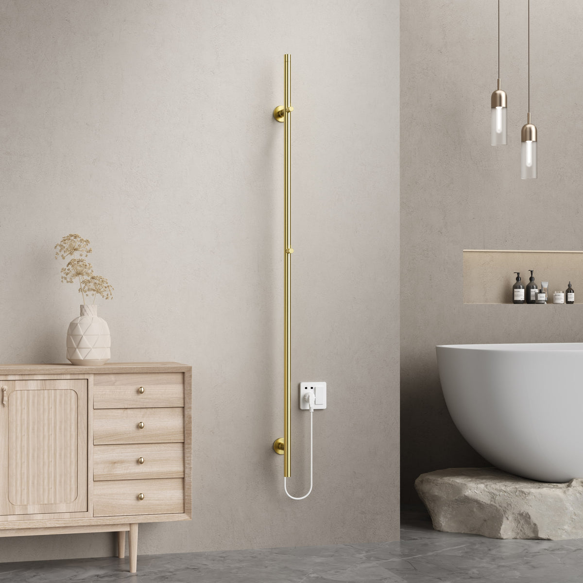 Belrad elektrische staafhanddoekdroger - enkel - met digitale, programmeerbare thermostaat - 60w - ø2,5cm - 150x6,3x12,7 cm - geborsteld goud, sfeerbeeld