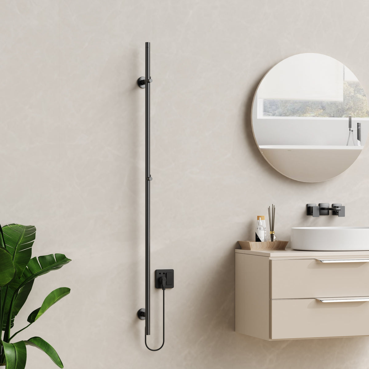 Belrad elektrische staafhanddoekdroger - enkel - met digitale, programmeerbare thermostaat - 60w - ø2,5cm - 150x6,3x12,7 cm - gunmetal, sfeerbeeld