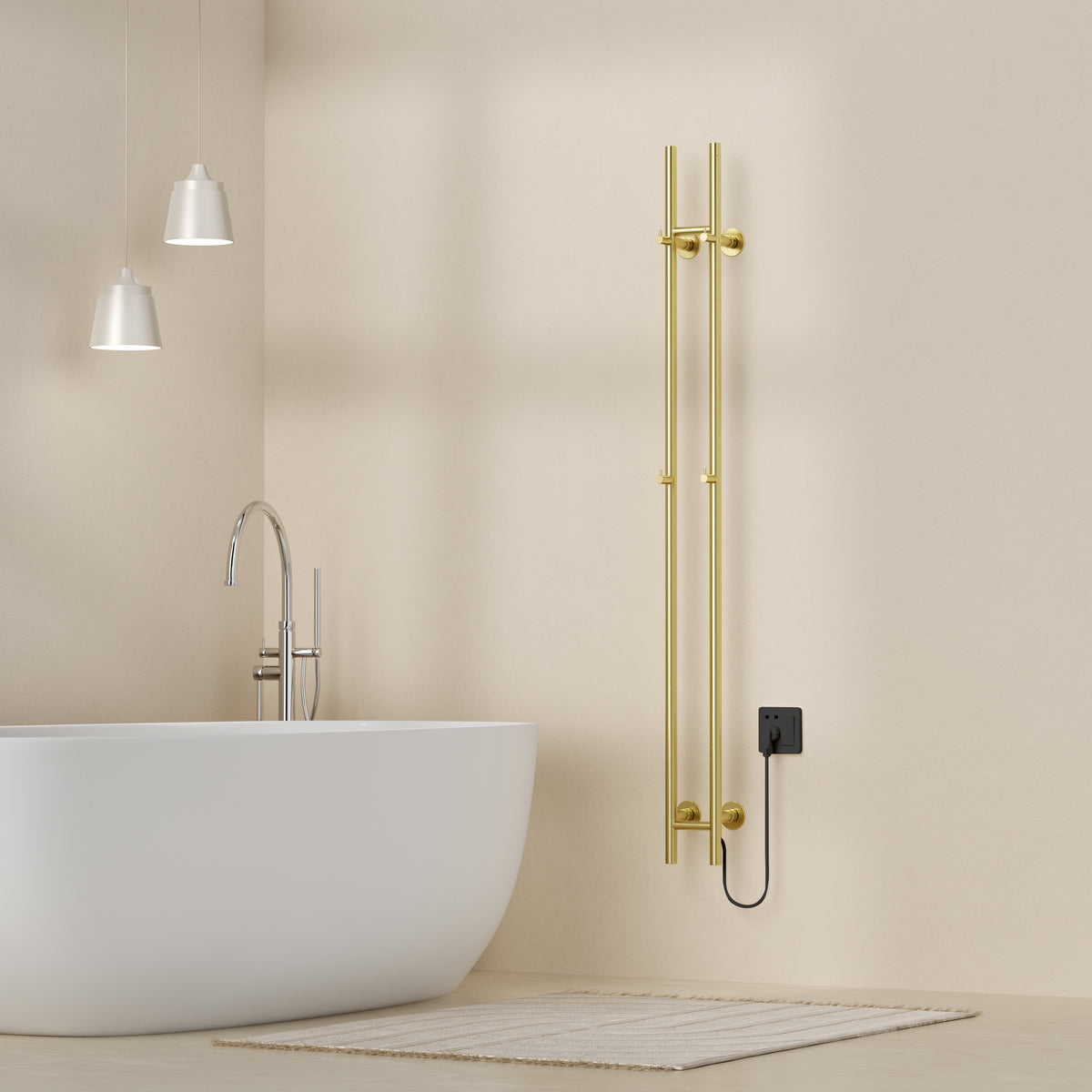 Belrad elektrische staafhanddoekdroger - dubbel - met digitale, programmeerbare thermostaat - 120w - ø2,5cm - 150x16,8x12,7 cm - geborsteld goud, sfeerbeeld