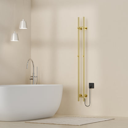 Belrad elektrische staafhanddoekdroger - dubbel - met digitale, programmeerbare thermostaat - 120w - ø2,5cm - 150x16,8x12,7 cm - geborsteld goud, sfeerbeeld