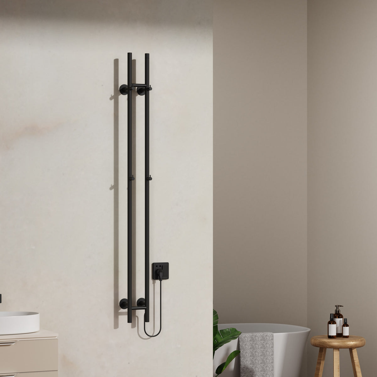Belrad elektrische staafhanddoekdroger - dubbel - met digitale, programmeerbare thermostaat - 120w - ø2,5cm - 150x16,8x12,7 cm - mat zwart, sfeerbeeld