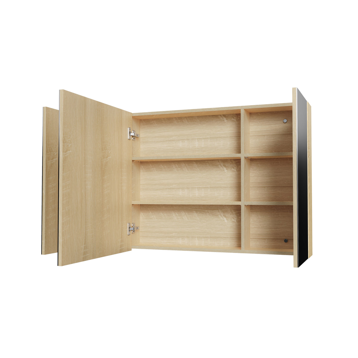 Aloni Hayat spiegelkast - 3 assymetrische, enkelzijdige spiegeldeuren - 6 in hoogte verstelbare legplanken - 120x70x15cm - eik