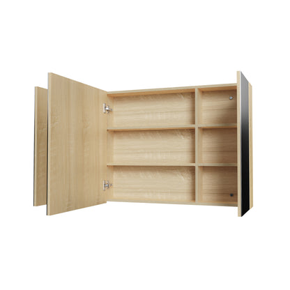 Aloni Hayat spiegelkast - 3 assymetrische, enkelzijdige spiegeldeuren - 6 in hoogte verstelbare legplanken - 120x70x15cm - eik