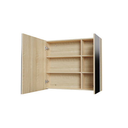 Aloni Hayat spiegelkast - 2 assymetrische, enkelzijdige spiegeldeuren - 4 in hoogte verstelbare legplanken - 80x70x15cm - eik