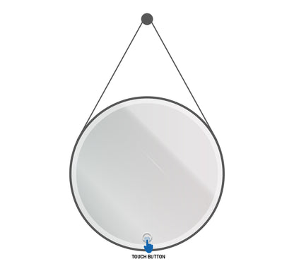 Aloni beltia spiegel - met led verlichting - rond - met lijst - met imitatie lederen band en haak - kleurtemperatuur led 3500-6500k - 80cm - mat zwart