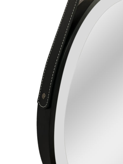 Aloni beltia spiegel - met led verlichting - rond - met lijst - met imitatie lederen band en haak - kleurtemperatuur led 3500-6500k - 60cm - mat zwart