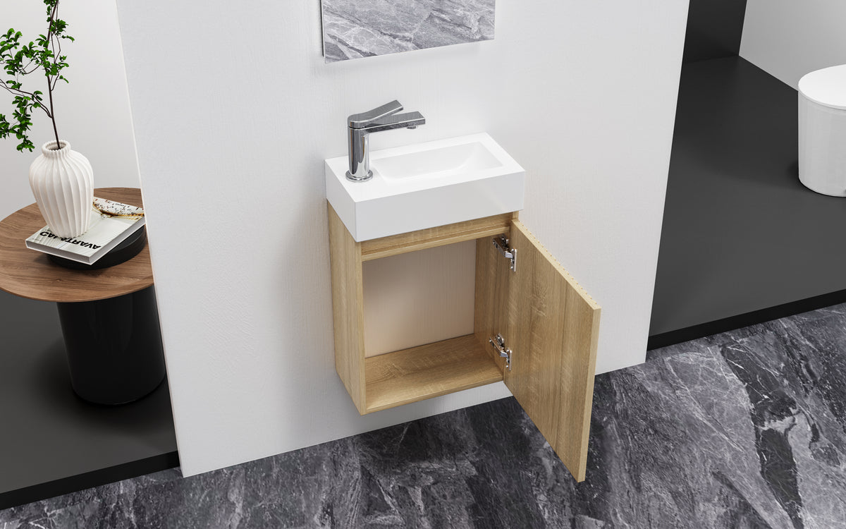 Aloni mikaro toiletmeubelonderkast - 1 deur - omkeerbaar - greeploos - soft close - 40x50x22,3 cm - licht eiken, sfeerbeeld