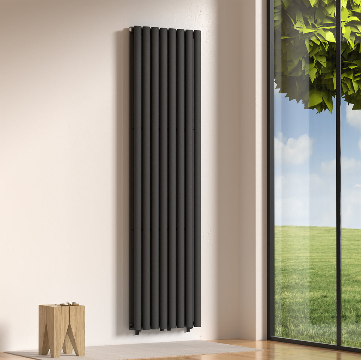 Belrad Verti ovaal radiator - 1800x480 - 1640w - mat zwart, sfeerbeeld