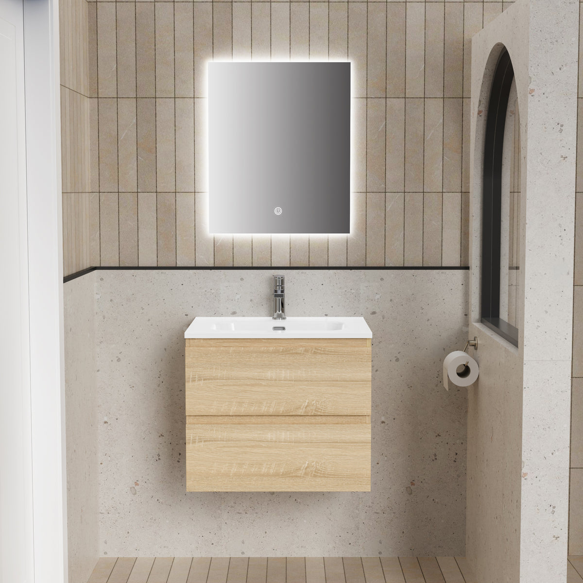 Aloni liva badkamermeubelset compleet - met onderkast - met wastafel - met LED spiegel - 60 cm - eik