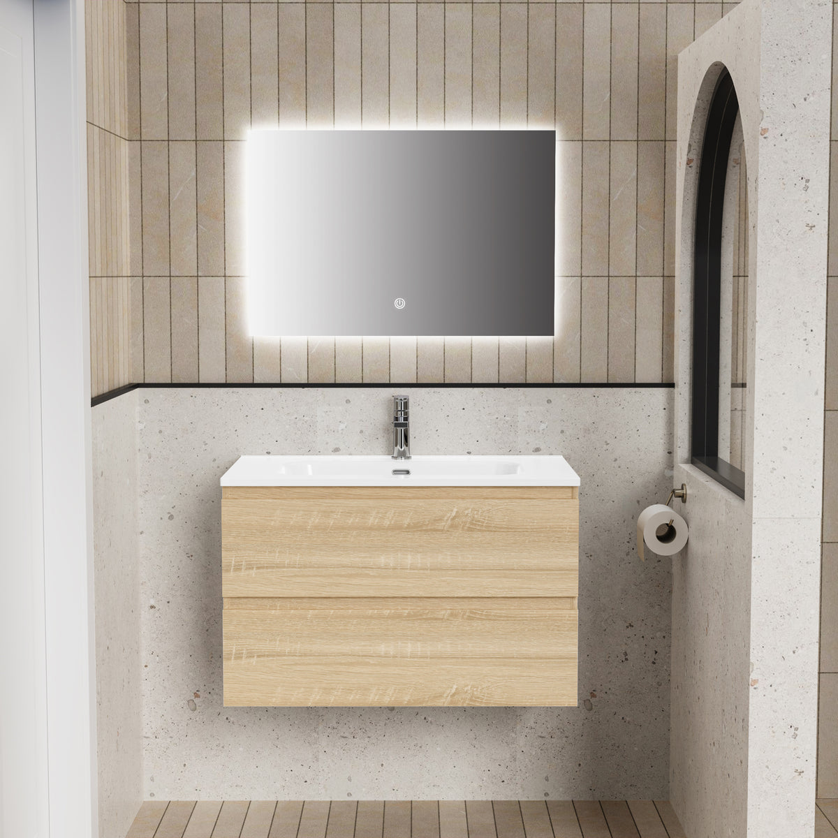 Aloni liva badkamermeubelset compleet - met onderkast - met wastafel - met LED spiegel - 80 cm - eik