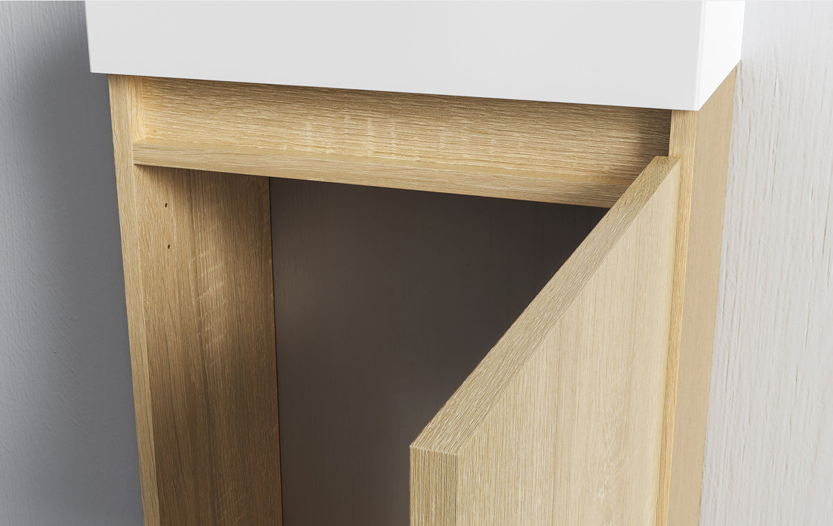 Aloni zyro toiletmeubelset - compleet - onderkast met 1 deur - greeploos - soft close - omkeerbaar - spiegel - fontein - 40,5x22,5 cm - licht eiken/glanzend wit