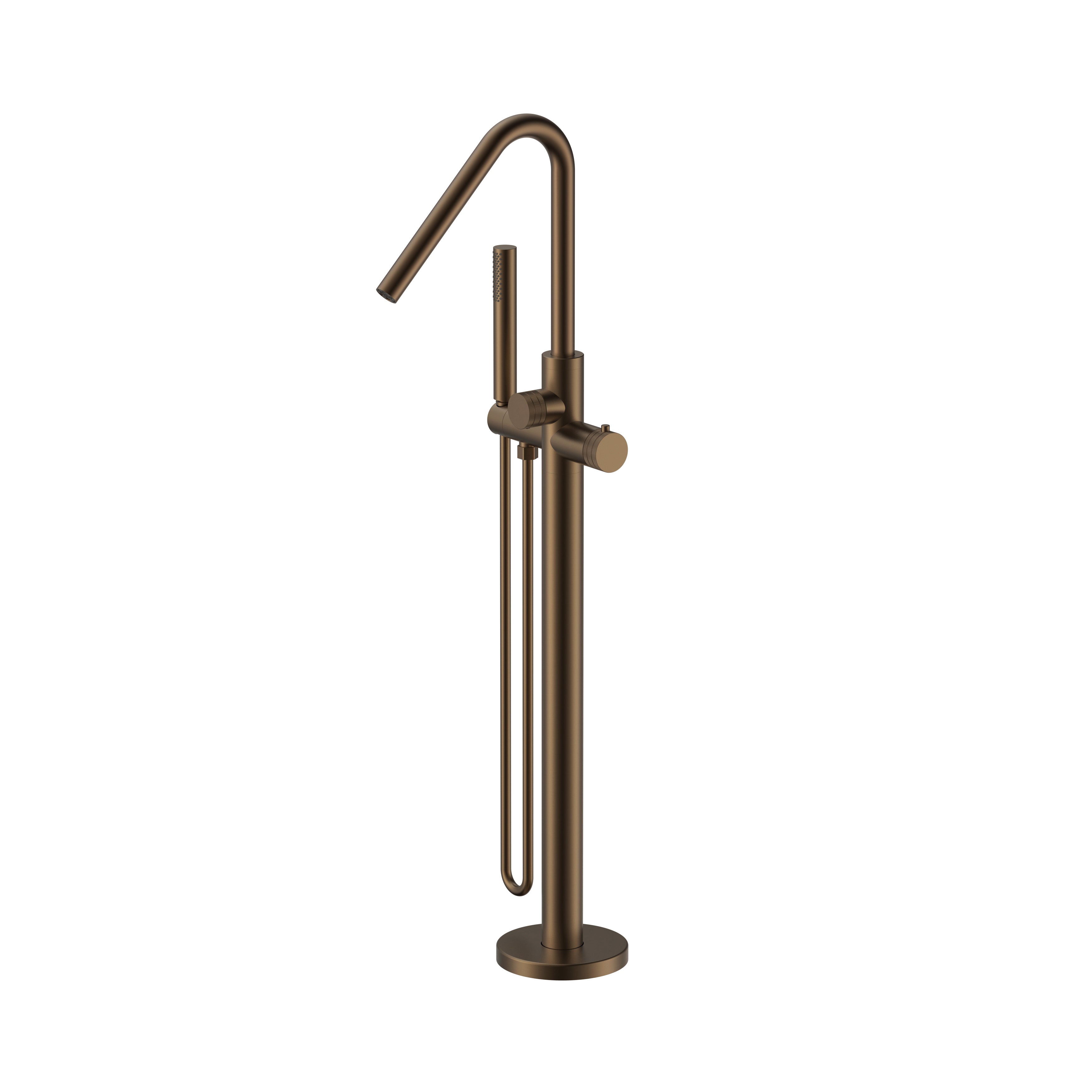 Stria badmengkraan - vrijstaand - thermostatisch - met handdouche en doucheslang - knoppen met ribbelstructuur - bruin brons (pvd)