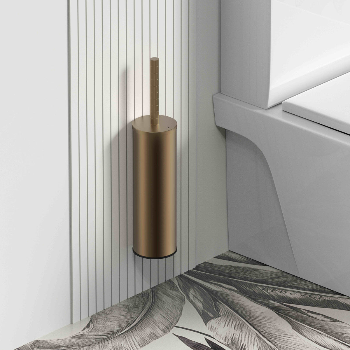Stria toiletborstel met houder - greep met verfijnde ribbelstructuur - hangend en staand - met kunststof binnenpot - bruin brons (pvd), sfeerbeeld