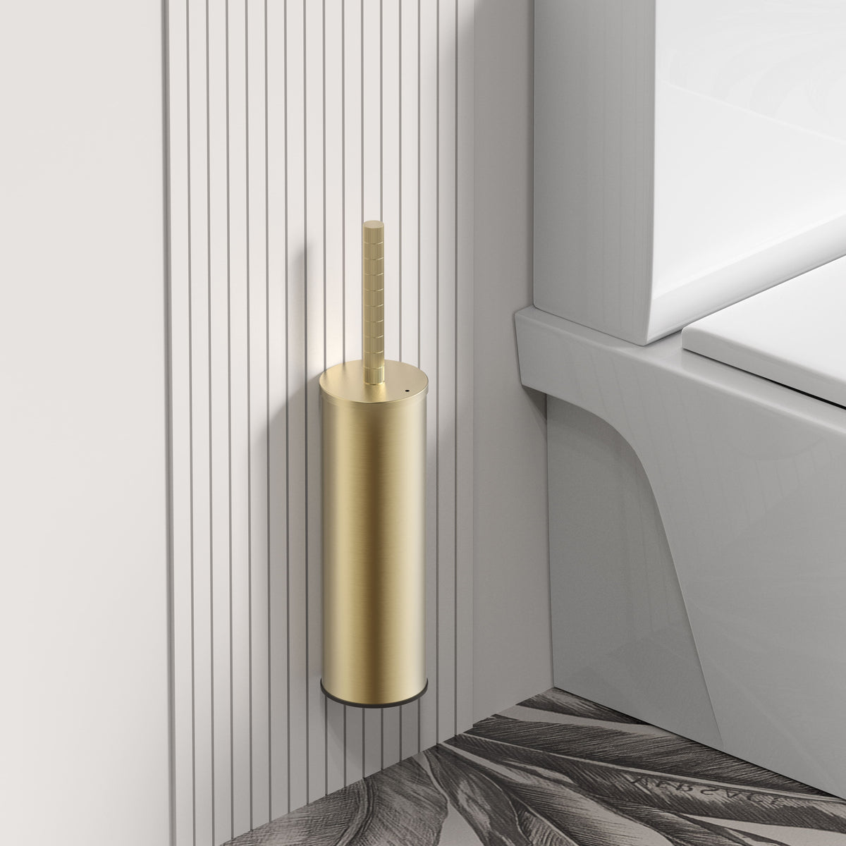 Stria toiletborstel met houder - greep met verfijnde ribbelstructuur - hangend en staand - met kunststof binnenpot - geborsteld goud (pvd), sfeerbeeld