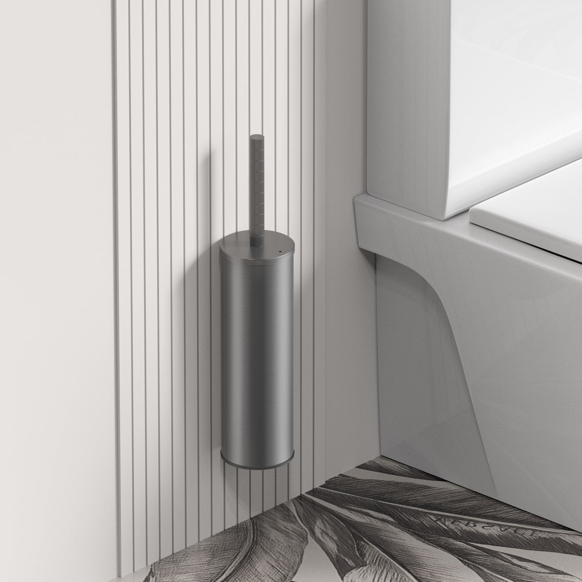 Stria toiletborstel met houder - greep met verfijnde ribbelstructuur - hangend en staand - met kunststof binnenpot - gunmetal (pvd), sfeerbeeld