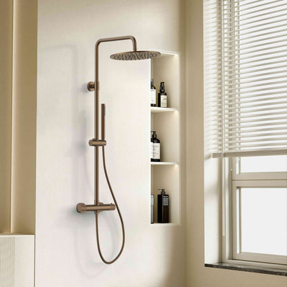 Stria regendoucheset - thermostatisch - cool touch - hoofddouche 30 cm - opbouw - knoppen met verfijnde ribbelstructuur - bruin brons (pvd), sfeerbeeld