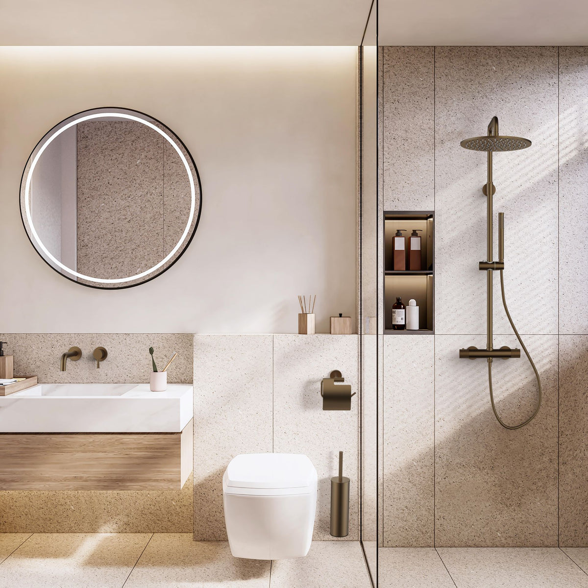 Stria toiletborstel met houder - greep met verfijnde ribbelstructuur - hangend en staand - met kunststof binnenpot - bruin brons (pvd), sfeerbeeld