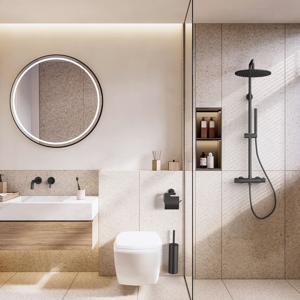 Stria toiletborstel met houder - greep met verfijnde ribbelstructuur - hangend en staand - met kunststof binnenpot - mat zwart (pvd), sfeerbeeld