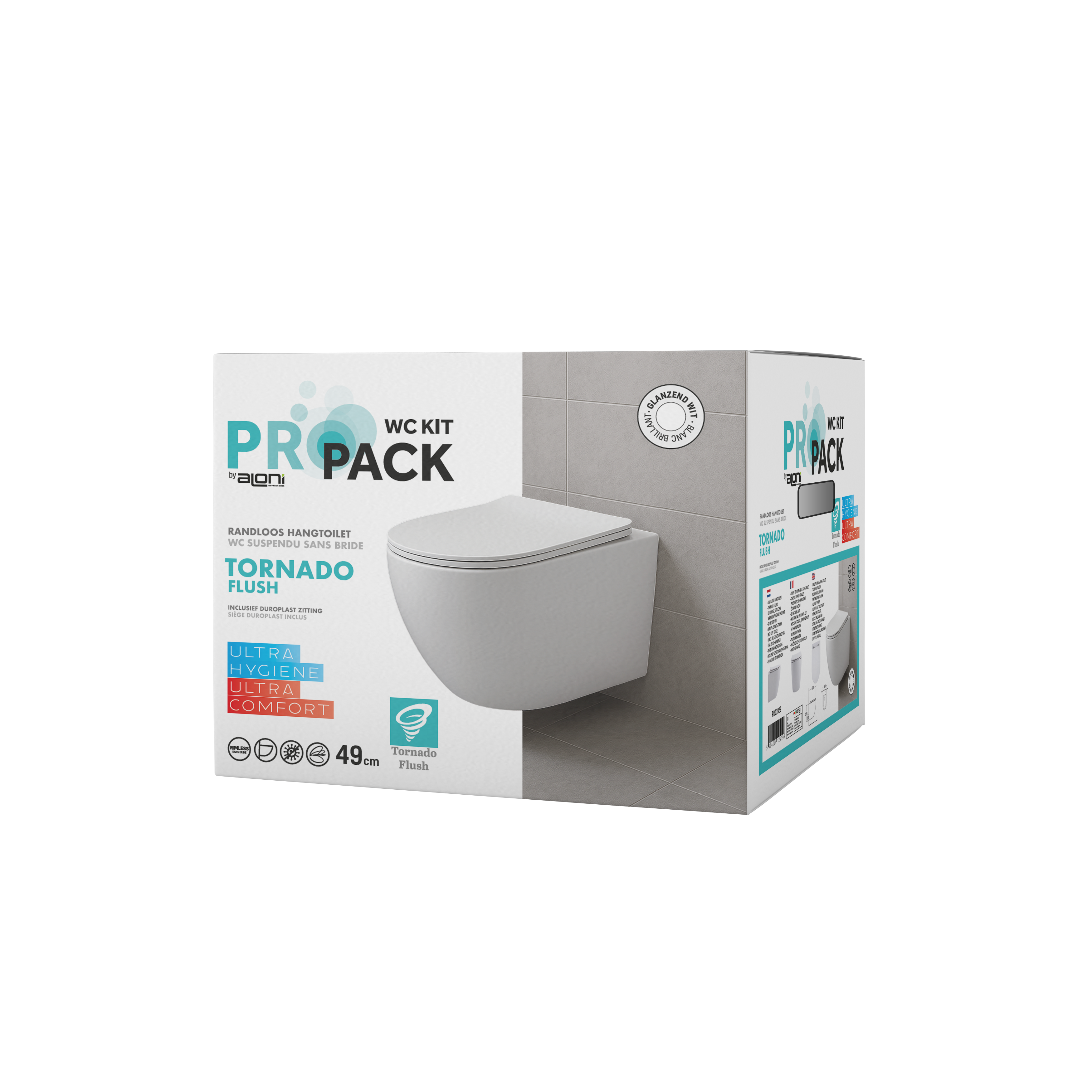 Aloni pro hangtoilet - tornado flush - randloos - met zitting - duroplast - soft close - quick release - compact 49 cm - 36x32x49 cm - glanzend wit