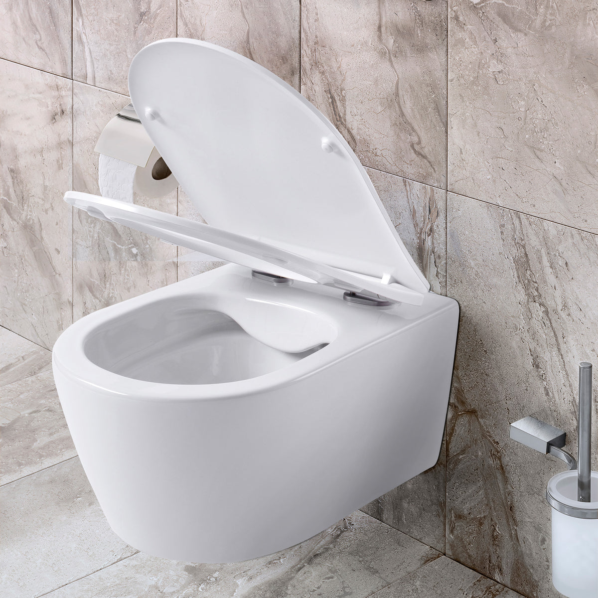 Aloni pro hangtoilet - randloos - met zitting - duroplast - soft close - quick release - compact 49 cm - 36x25x49 cm - mat wit, sfeerbeeld