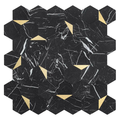 Isodeco Zelfklevende Mozaïek Steenstrip Hexagon Mat Zwart Wit Goud Marmer
