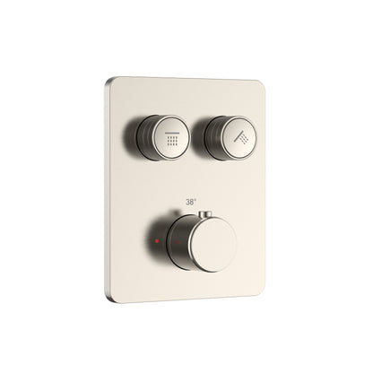 Stria douchemengkraan - 2 weg -  thermostatisch - druknoppen met verfijnde ribbelstructuur - met inbouwbox en afbouwdeel - rechthoekig - geborsteld rvs