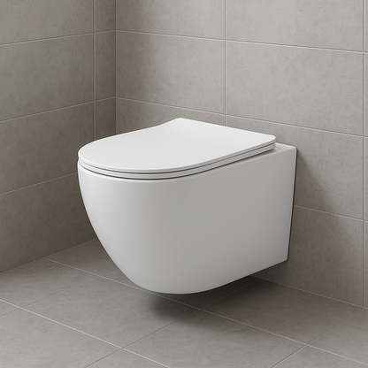Aloni pro hangtoilet - tornado flush - randloos - met zitting - duroplast - soft close - quick release - compact 49 cm - 36x32x49 cm - glanzend wit, sfeerbeeld