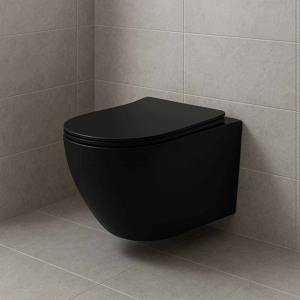 Aloni pro hangtoilet - tornado flush - randloos - met zitting - duroplast - soft close - quick release - compact 49 cm - 36x32x49 cm - mat zwart, sfeerbeeld